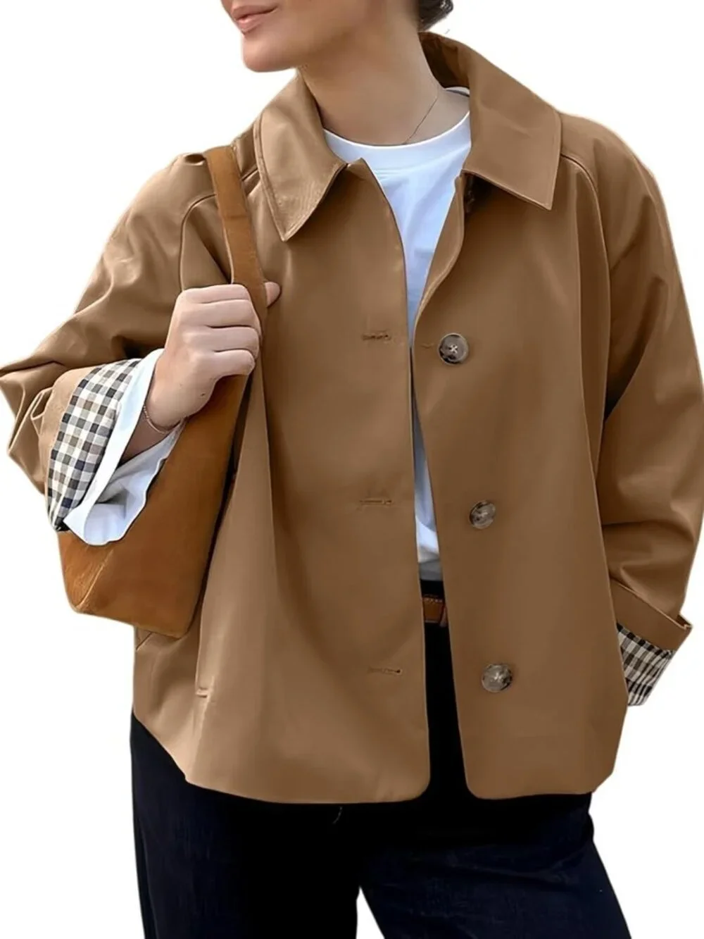 Women's Cropped Trench Coat Spring Fashion Jackets Outfit Single Breasted Khaki